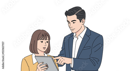 Teamwork Illustration: Man and Woman Discussing Tablet