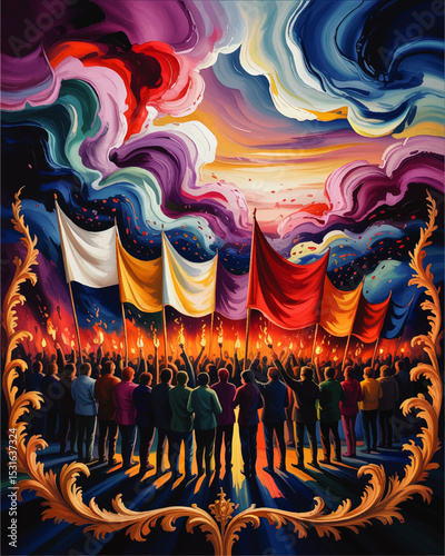 Vibrant Crowd Holding Flags and Torches Under Dramatic Colorful Sky, Abstract Expressionism, Unity and Celebration Illustration