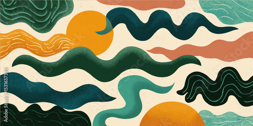 Vibrant paper art landscape featuring layered waves, mountains, and a warm sun creating a dynamic travel inspired design. a painting of waves and sun photo