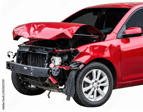 Severely damaged red car showcasing impact of collision, with crumpled metal and exposed components, evokes sense of loss and destruction
