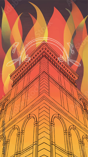 Futuristic Urban Building on Fire with Surveillance Drones – Abstract Architectural Illustration with Vibrant Flames