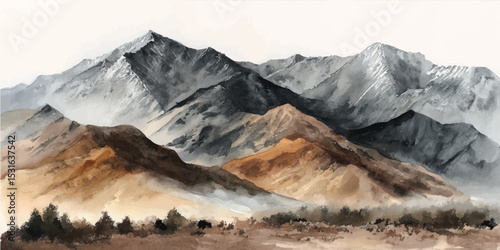 Snowy mountain peak illuminated by sunrise above the clouds. watercolor style mountains range, blue, pink and green colors on white and transparent background