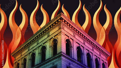 Vibrant Neo-Classical Building Illustration with Colorful Rainbow Gradient and Dramatic Flame Background, Surreal Digital Art