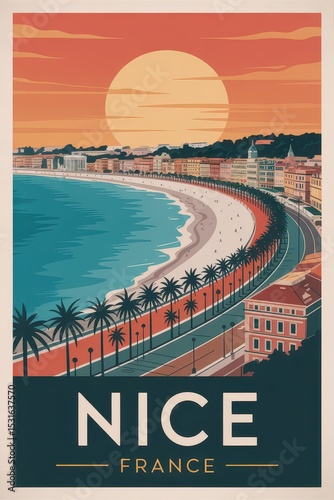 Vintage Travel Poster of Nice, France with Beachfront Promenade and Colorful Old Town