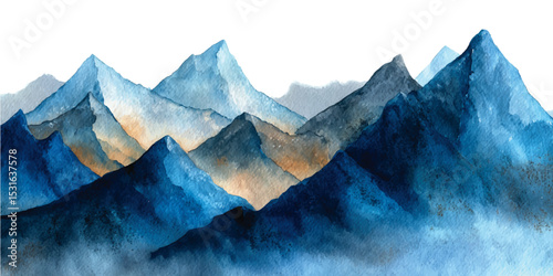 Snowy mountain peak illuminated by sunrise above the clouds. watercolor style mountains range, blue, pink and green colors on white and transparent background