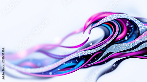 Colorful abstract energy waves with pink, purple, and glittering metallic strands on white background