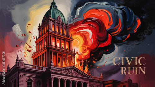 Dramatic Painting of Burning Government Building with Colorful Smoke, Civic Unrest, and Dramatic Skies — Conceptual Illustration