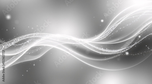 Elegant flowing white abstract waves on soft gray background with sparkling light particles and minimal futuristic design