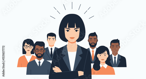 Empowered Woman Leading Diverse Team - Vector Illustration