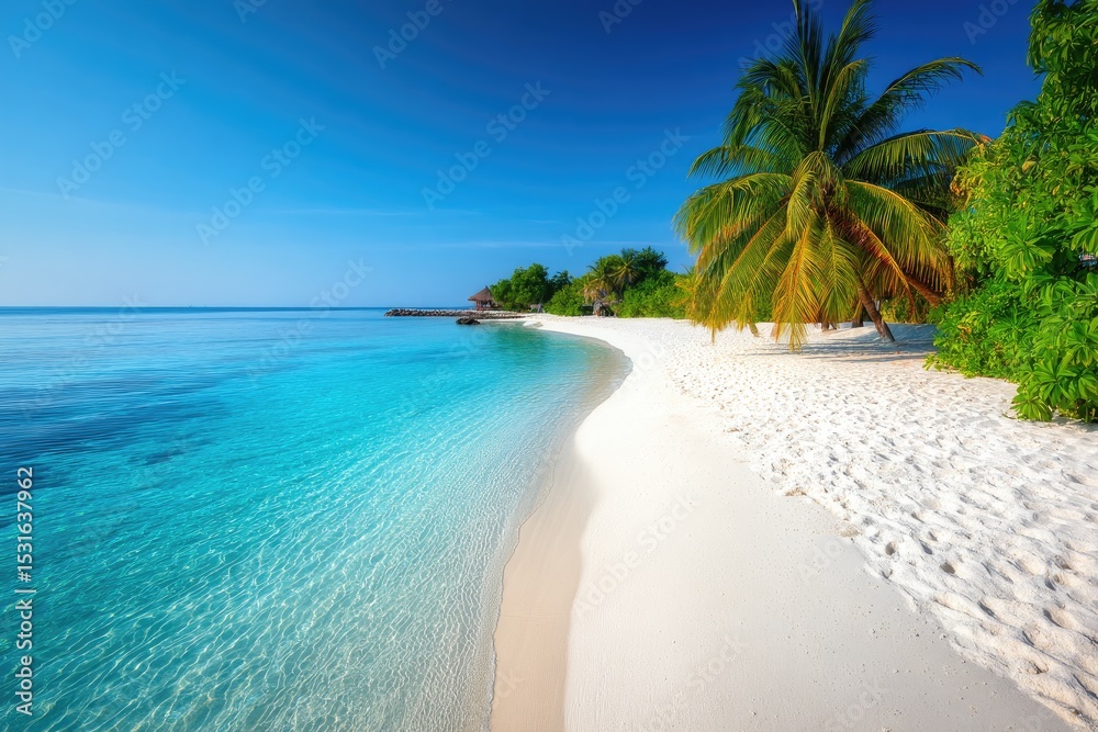 Naklejka premium Pristine beach scene with turquoise water and palm trees