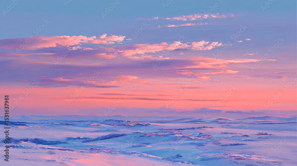 Fototapeta premium Soft Pastel Gradient Sky Over Snowy Plain at Dawn