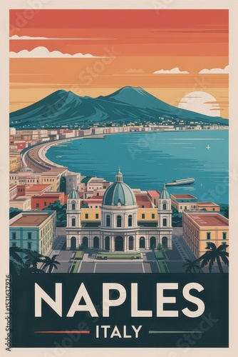 Vintage Travel Poster of Naples, Italy with Mount Vesuvius and Coastal Cityscape
