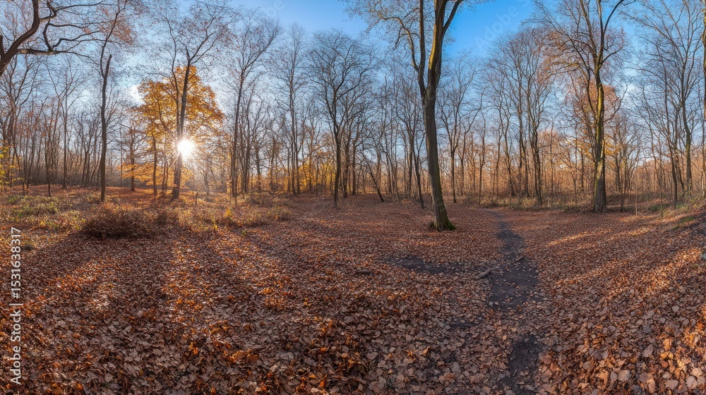 Fototapeta premium Panoramic view of a sun-drenched autumn forest floor, covered in fallen leaves