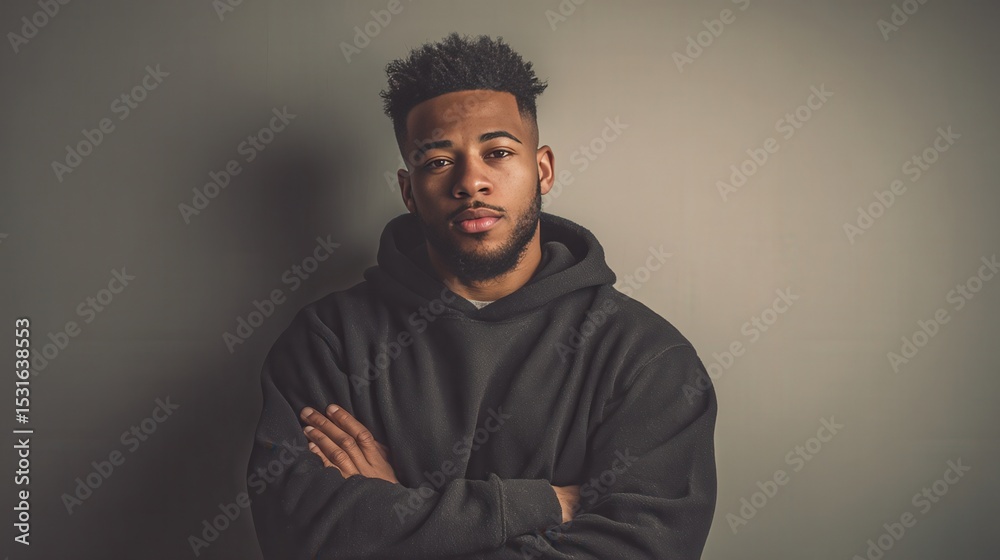 Obraz premium Confident Young Man in Casual Hoodie Against a Neutral Background