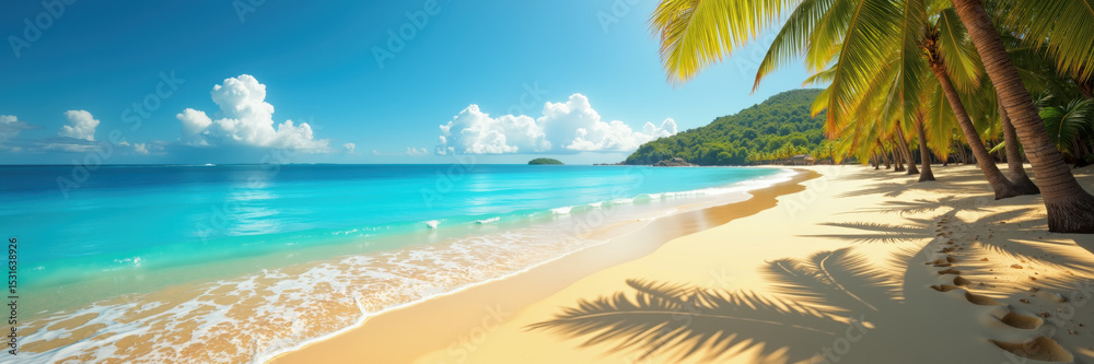 Fototapeta premium A serene tropical beach with golden sand, clear turquoise waters, and lush palm trees under a bright blue sky.
