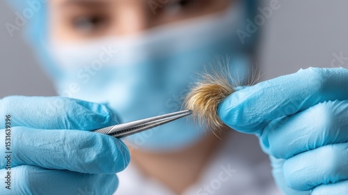 DNA analysis investigation in forensic technology. A person in medical gloves examines a fluffy, contaminated sample with tweezers, highlighting attention to hygiene and precision in a lab setting.