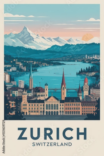 Vintage Zurich Travel Poster with Lake View and Swiss Alps – Retro Switzerland Cityscape Illustration