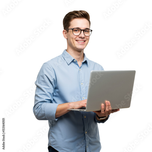Tech-Savvy Professional in Blue Shirt Holding Laptop, Smiling Against White Background