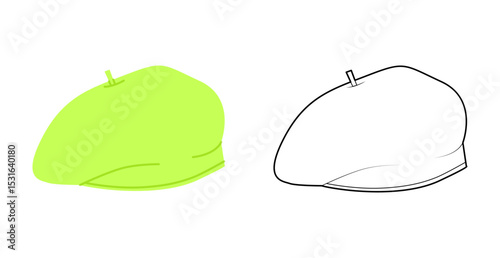 Beret Hat. Winter Head Fashion accessory cap clothing technical illustration. Vector headgear for Men, women, unisex style, flat template CAD mockup sketch outline isolated