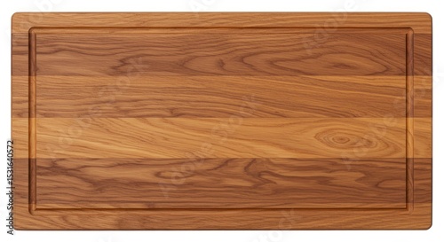Wooden cutting board with juice groove on white background studio shot.