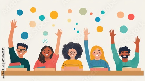 Diverse Students Raising Hands in Class, Teamwork and Collaboration