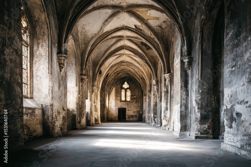 Sunlit, decaying, arched corridor in a historical building