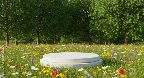 White podium in a flower meadow with trees in the background.