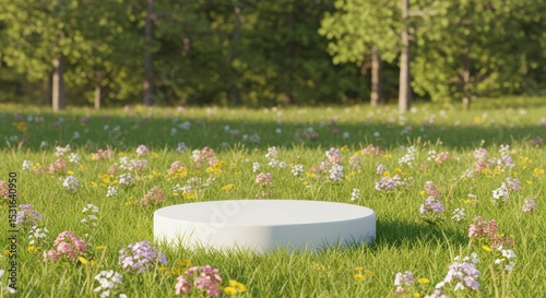 White podium on green grass field with flowers and trees in background.