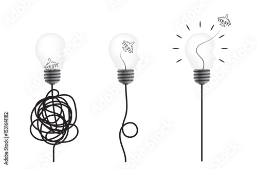 Head shape lightbulb set with cable knot, airplane. Idea, problem solving, complex business process resolving concept vector design with 3d lightbulb, wire, airplane icon.