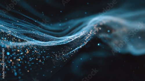 Abstract digital graphic with flowing lines and particles.
