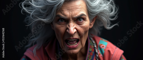 A Fierce and Detailed Portrait of an Aging Woman, Conveying Strong Emotion with a Complex Arrangement of Graying Hair.