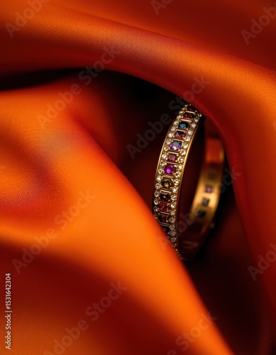 Luxurious Multi-Gemstone Gold Bracelet on Orange Silk