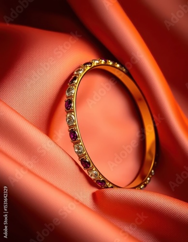 Luxurious Gold Bangle with Diamonds and Rubies on Coral Silk