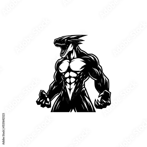 Muscular Dragon Monster Character Vector Illustration in Bold Black and White Style with Fierce Expression and Powerful Pose