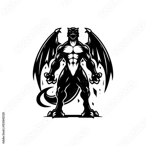 Muscular Dragon Monster Character Vector Illustration in Bold Black and White Style with Fierce Expression and Powerful Pose