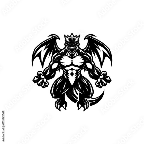 Muscular Dragon Monster Character Vector Illustration in Bold Black and White Style with Fierce Expression and Powerful Pose
