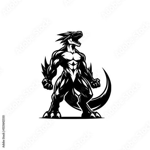 Muscular Dragon Monster Character Vector Illustration in Bold Black and White Style with Fierce Expression and Powerful Pose