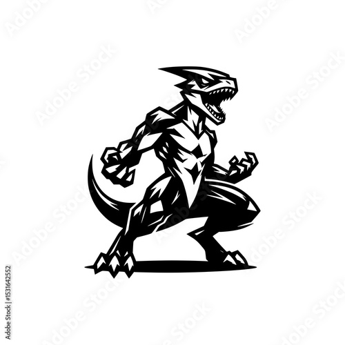 Muscular Dragon Monster Character Vector Illustration in Bold Black and White Style with Fierce Expression and Powerful Pose