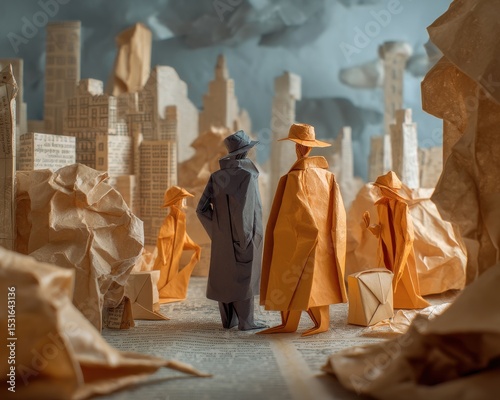 Origami figures in a city scene crafted from crumpled paper.
