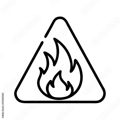 Flammable warning sign with flame icon in simple black outline  