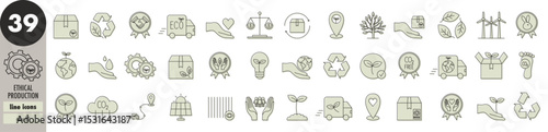 Ethical production and business - thin line icons set, light green fill. Recycling, cruelty-free, locally sourced, eco delivery, ecology, environmentally friendly, green energy, vector illustration