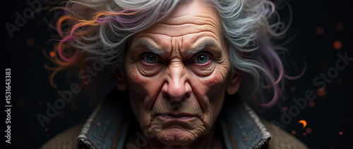 A Fierce and Detailed Portrait of an Aging Woman, Conveying Strong Emotion with a Complex Arrangement of Graying Hair.