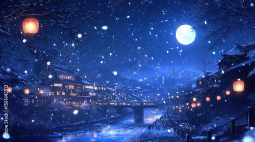 Snowy night village scene with lanterns, full moon, and falling snow