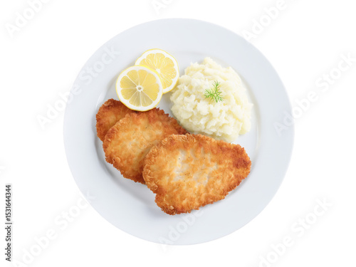 Pork Schnitzel Thin, breaded pork cutlets fried until golden and crispy, served with a side of mashed potatoes, sauerkraut,