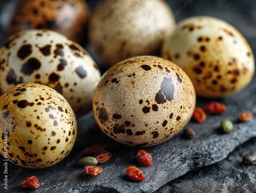Obraz premium Freshly laid speckled quail eggs arranged on dark slate surface with herbs and spices for culinary use
