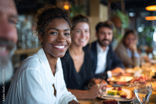 Smiling woman with colleagues at a dinner event