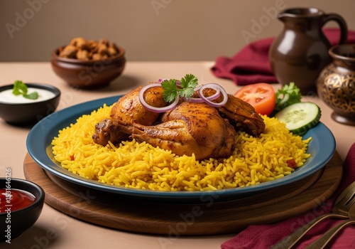 A sleek black background frames a beautifully plated Hyderabad-style chicken biryani, with saffron-infused basmati rice and tender, spiced chicken, garnished to perfection.