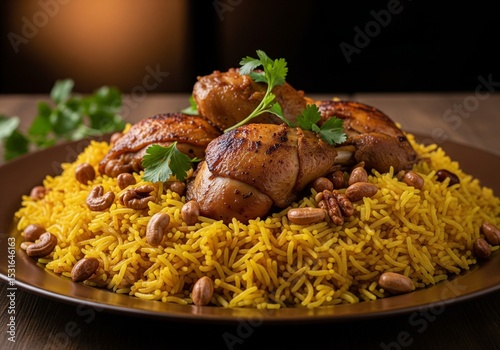 A sleek black background frames a beautifully plated Hyderabad-style chicken biryani, with saffron-infused basmati rice and tender, spiced chicken, garnished to perfection.