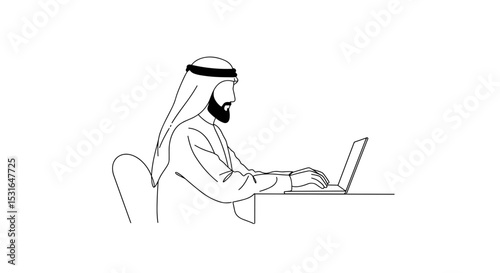 Arab man working on laptop in minimal line art style