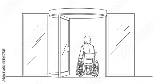Person in wheelchair entering building through glass doors